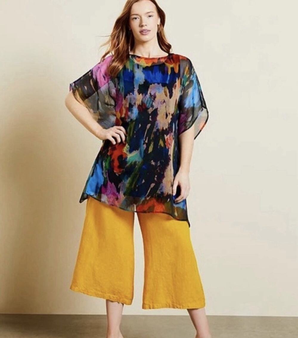 BRYN WALKER 100% Silk Pina Paletta Tunic Top Lagenlook Boxy Poncho Sz S